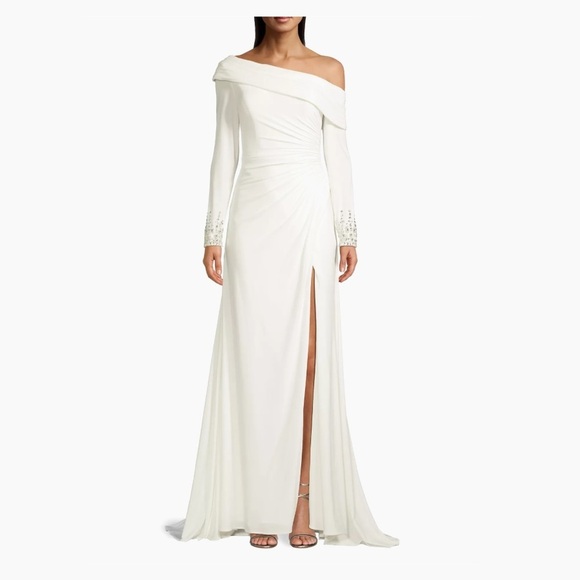 Mac Duggal12231 Beaded Cuff Drop Shoulder Faux Wrap Gown White Size 14 NEW